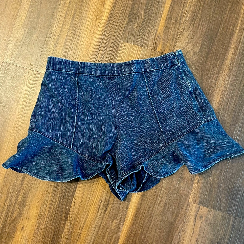 Josie Natori Denim Ruffle Hem Shorts | Size 10